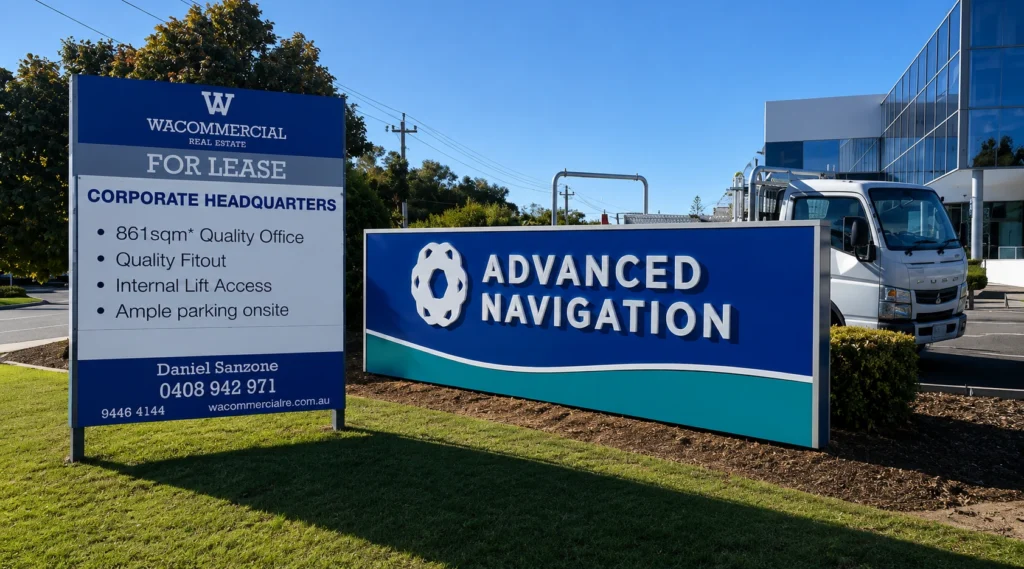 Australian small business owner reviewing sign permit documents and building plans at desk