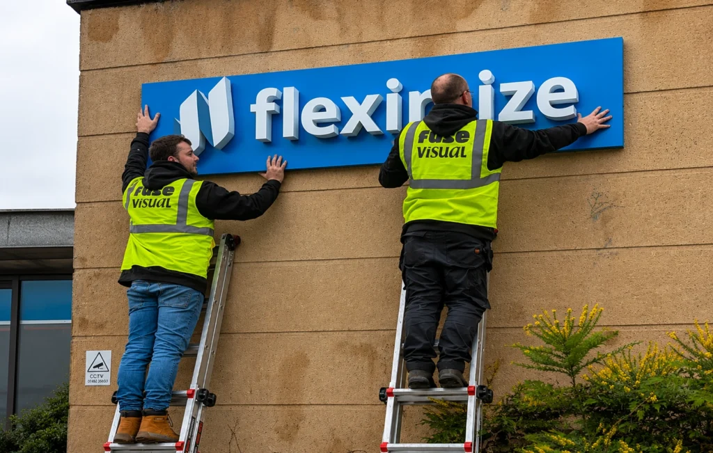 Sign installers mounting approved business sign on building facade — professional installation